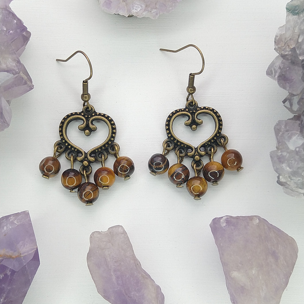 ARETES CANDELABRO CORAZON OJO DE TIGRE