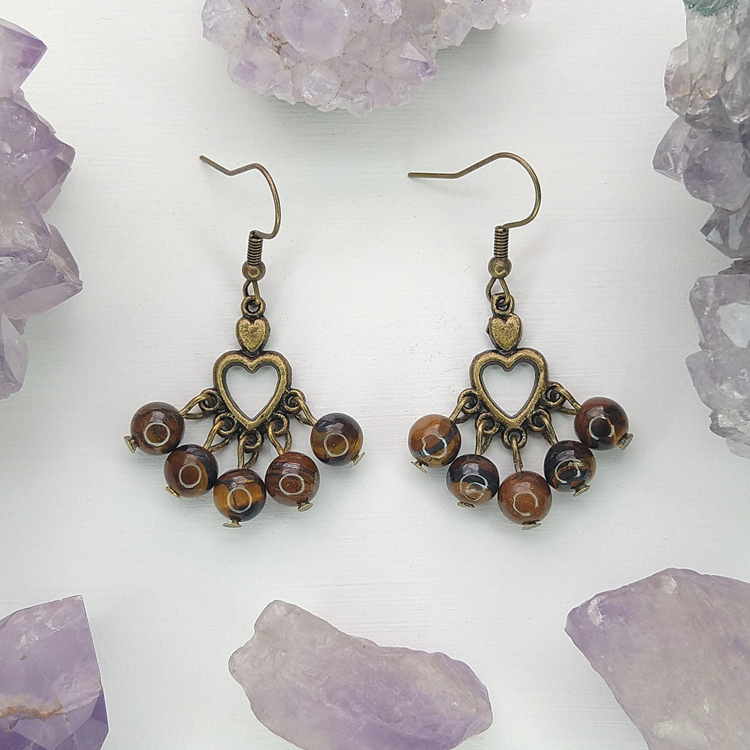 ARETES CANDELABRO CORAZÓN OJO DE TIGRE