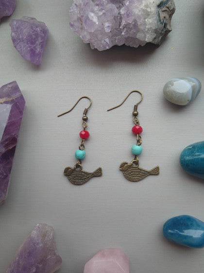 ARETES PAJARITO AZUL CON ROJO