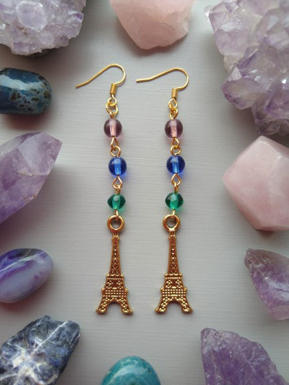 ARETES VERDE, AZUL Y MORADO TORRE EIFFEL