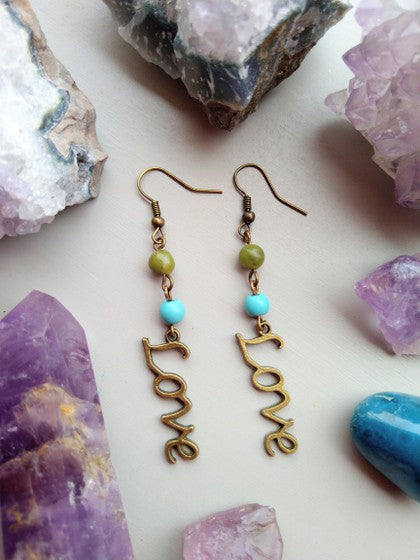 ARETES LOVE AZUL CON VERDE