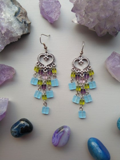 ARETES CANDELABRO VERDE MORADO Y AZUL
