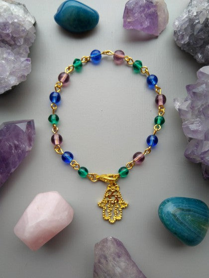 PULSERA VERDE, AZUL Y MORADA CON HAMSA