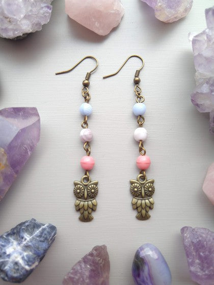 ARETES AZUL, LILA Y ROSA CON BÚHO